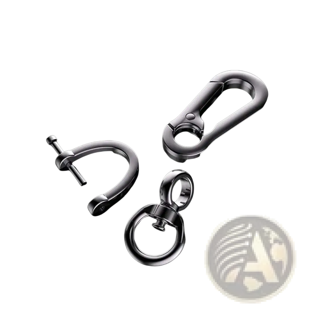 Shiny silver metal car key clip carabiner and swivel ring set made of durable metal for secure key attachment