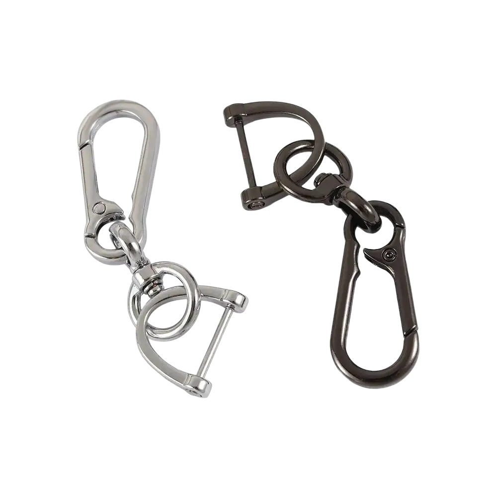 Metal car key clip carabiner keychain with silver and black metal attachments including d-ring and split ring design