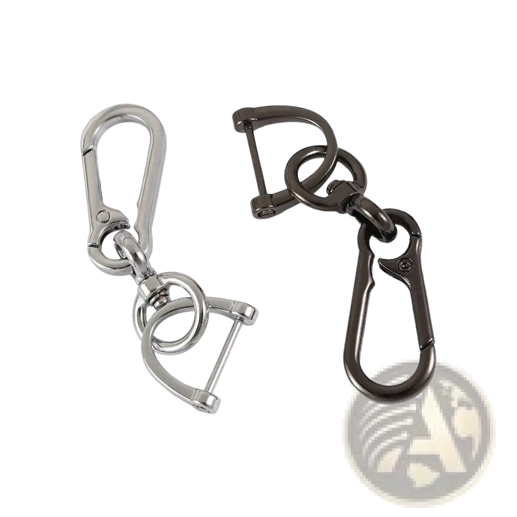 Metal car key clip carabiner keychain with silver and black metal attachments including d-ring and split ring design