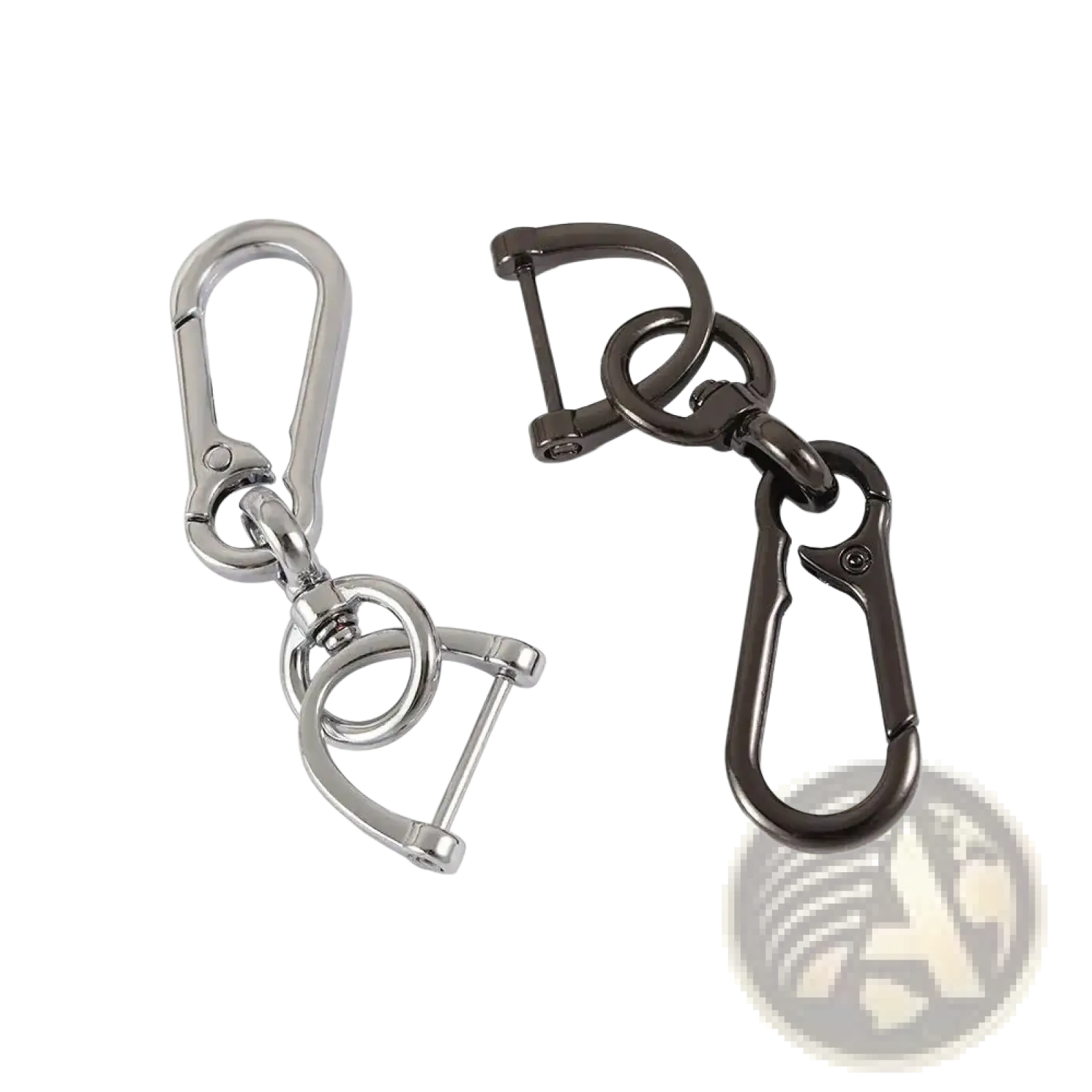 Metal car key clip carabiner keychain with silver and black metal attachments including d-ring and split ring design