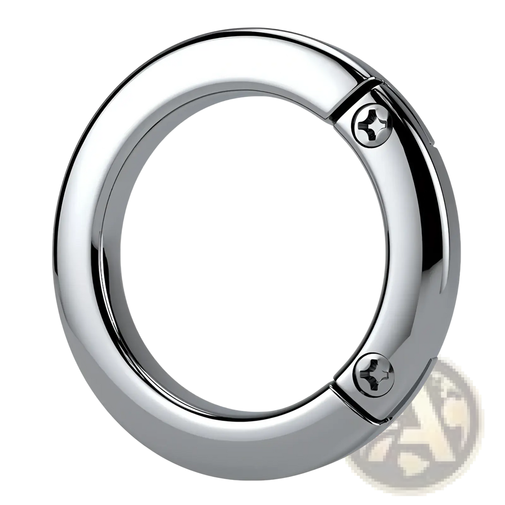 Chrome-finished metal carabiner with sleek rounded design and two screws securing the clasp for detachable ring holder