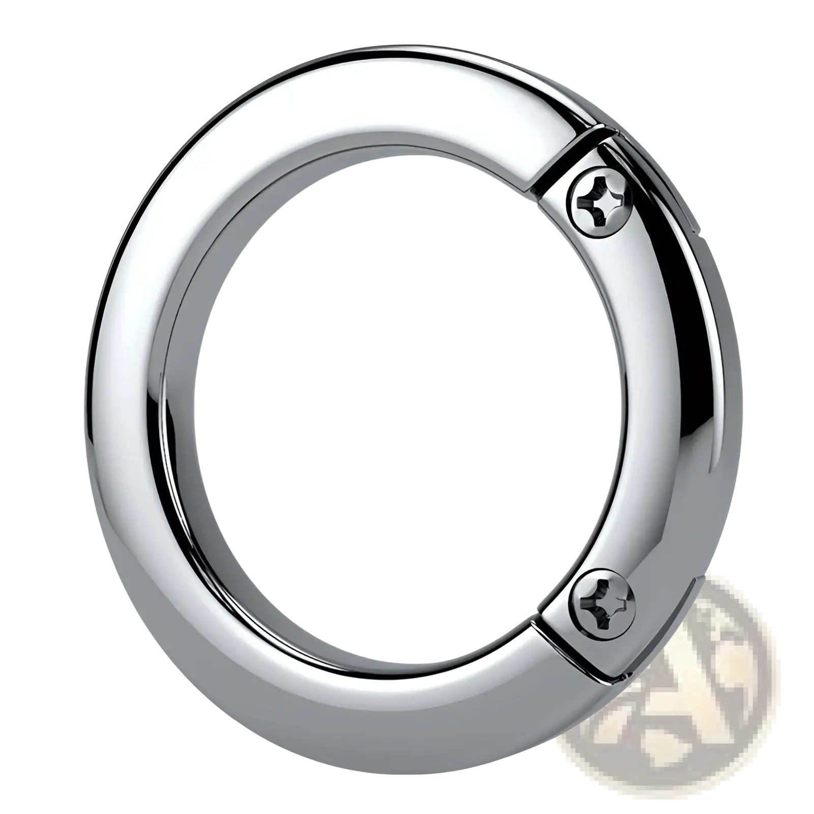 Chrome-finished metal carabiner with sleek rounded design and two screws securing the clasp for detachable ring holder