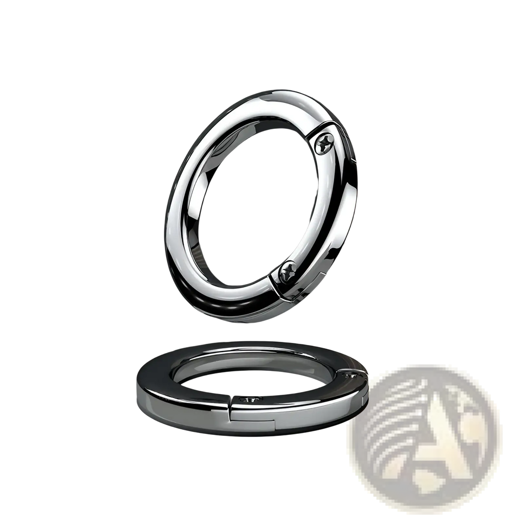 Shiny chrome-finished metal car keychain detachable ring holder with sleek circular magnetic phone stand and screw details