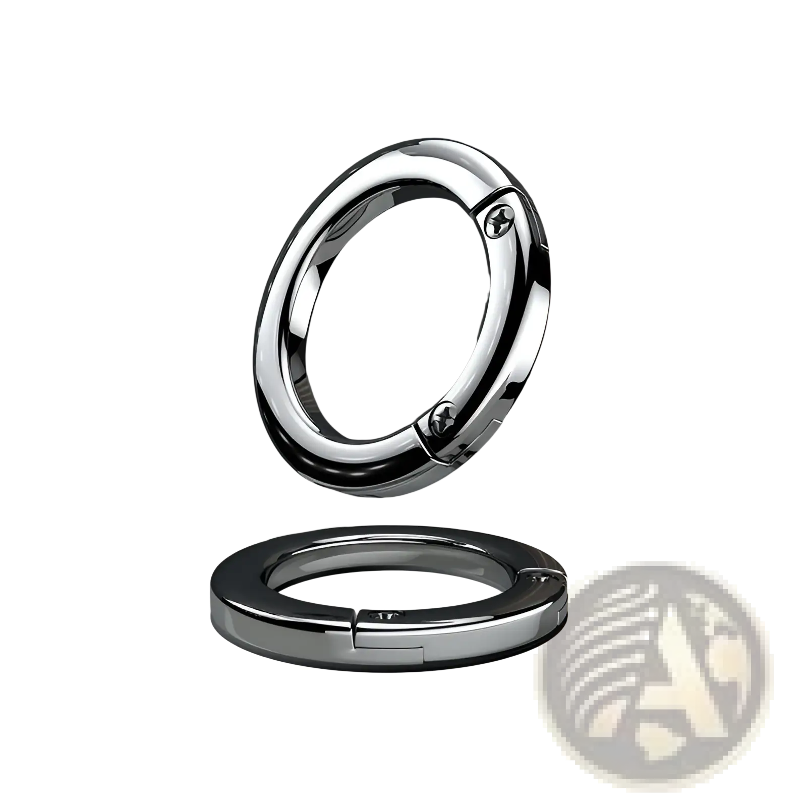 Shiny chrome-finished metal car keychain detachable ring holder with sleek circular magnetic phone stand and screw details