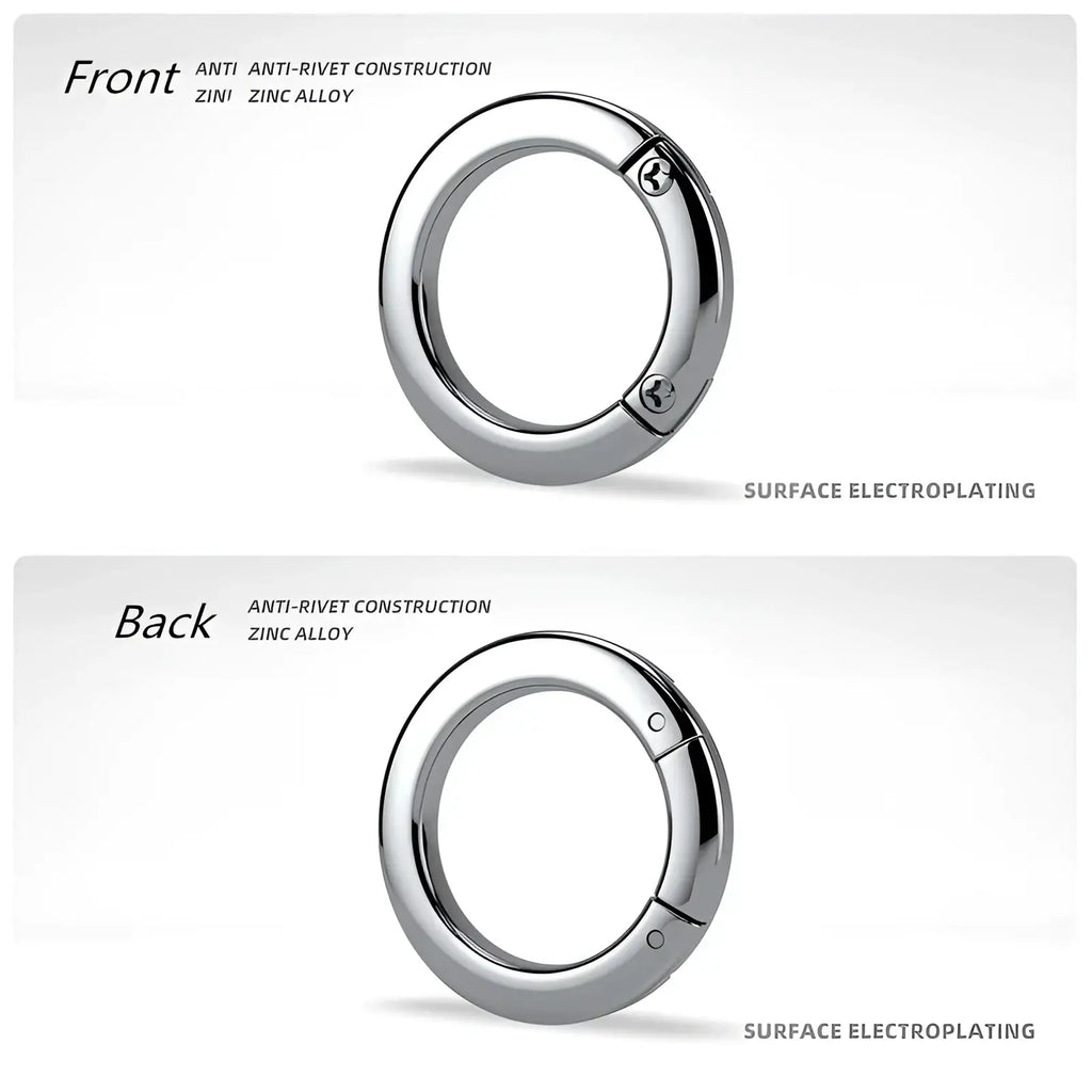 Shiny silver-toned zinc alloy metal car keychain detachable ring holder with smooth rounded oval carabiner and anti-rivet design
