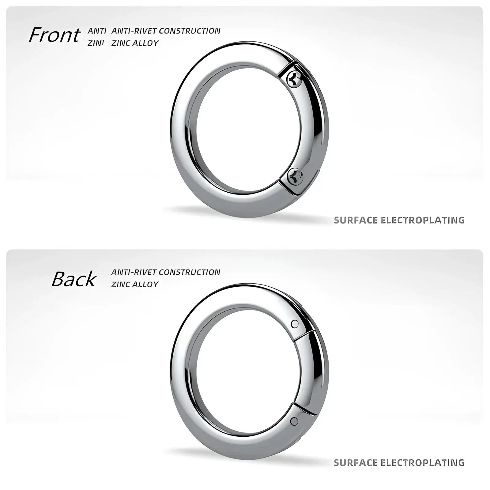 Shiny silver-toned zinc alloy metal car keychain detachable ring holder with smooth rounded oval carabiner and anti-rivet design