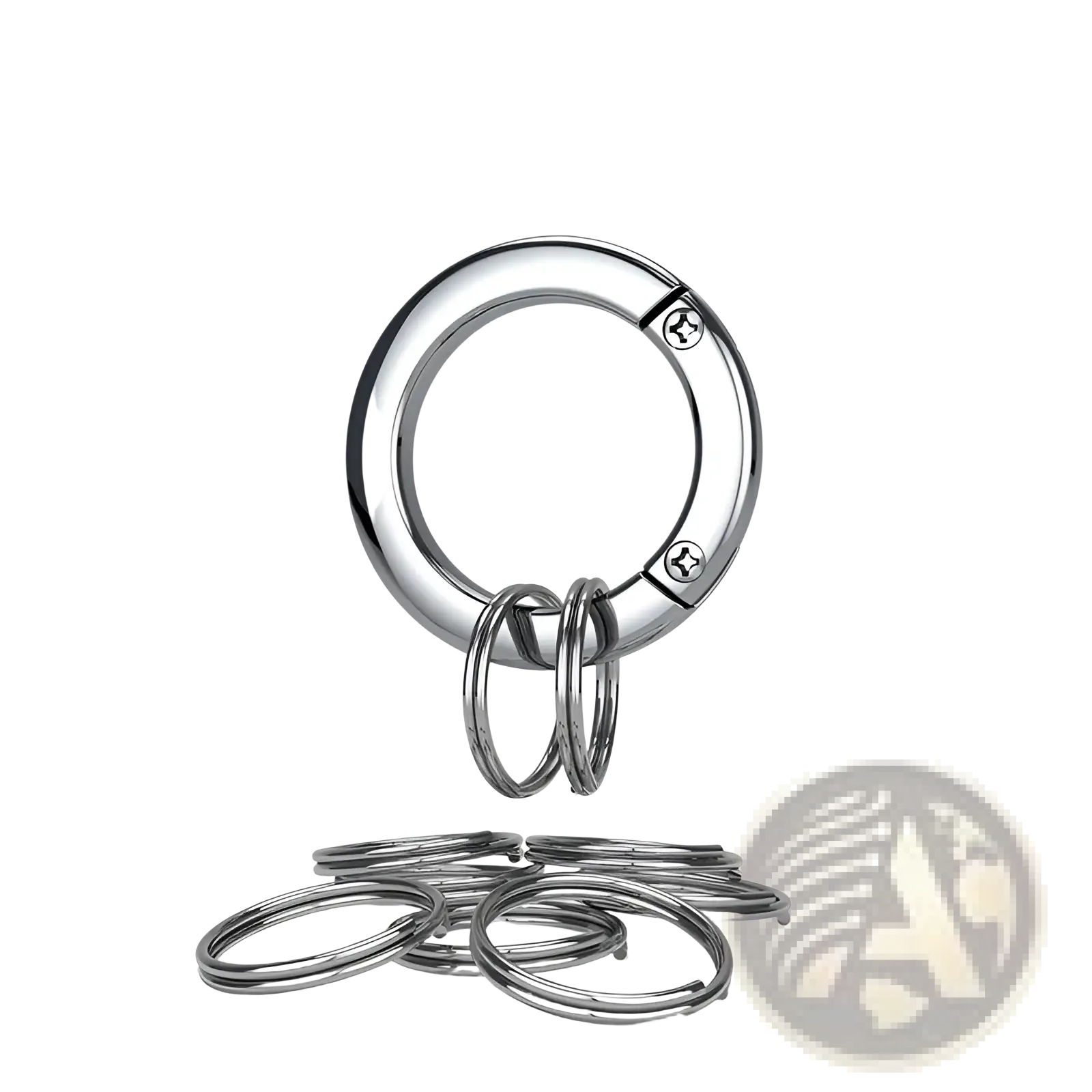 A sleek silver-toned metal carabiner with polished finish and two screws for detachable keychain ring holder