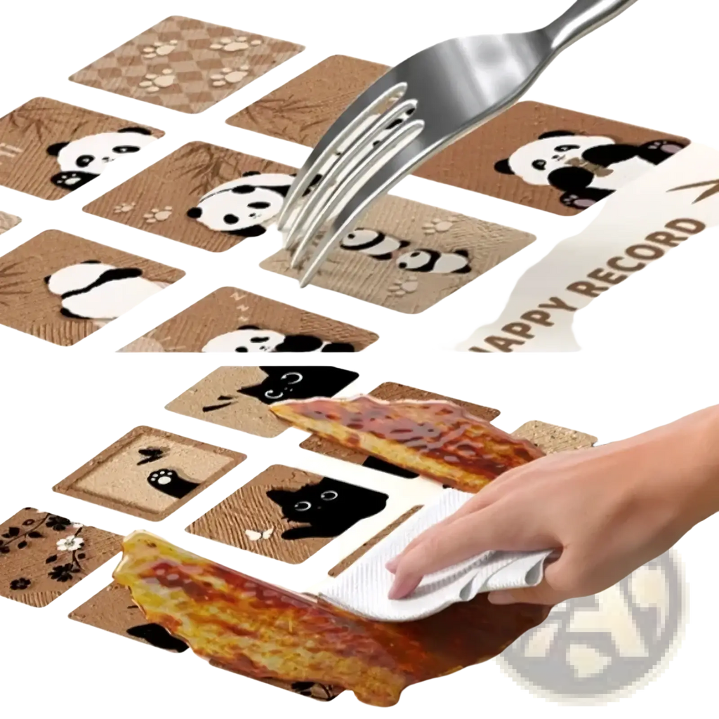 Metal cat storage box oval snack organizer with brown panda and cat-themed silicone mat featuring textured surface