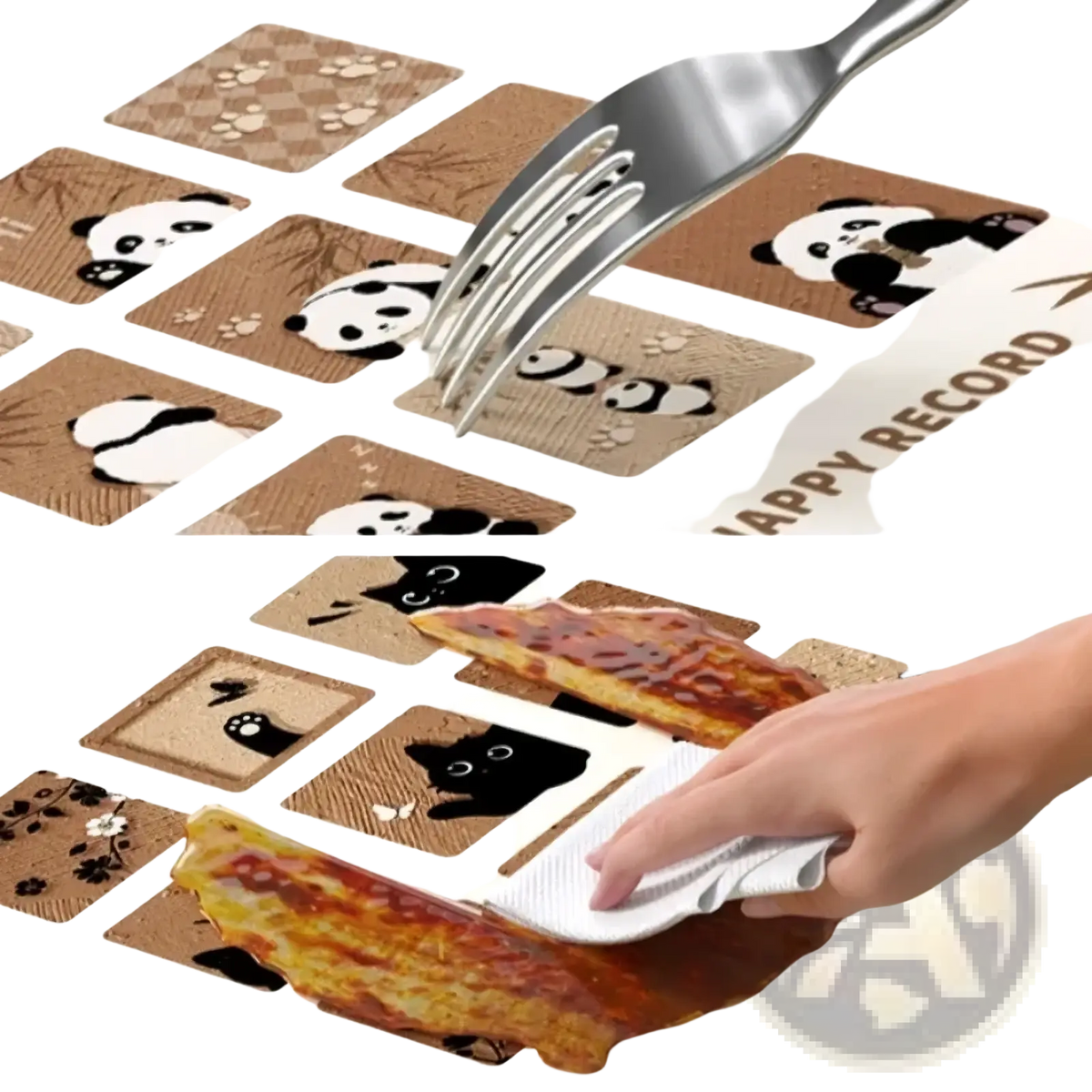 Metal cat storage box oval snack organizer with brown panda and cat-themed silicone mat featuring textured surface