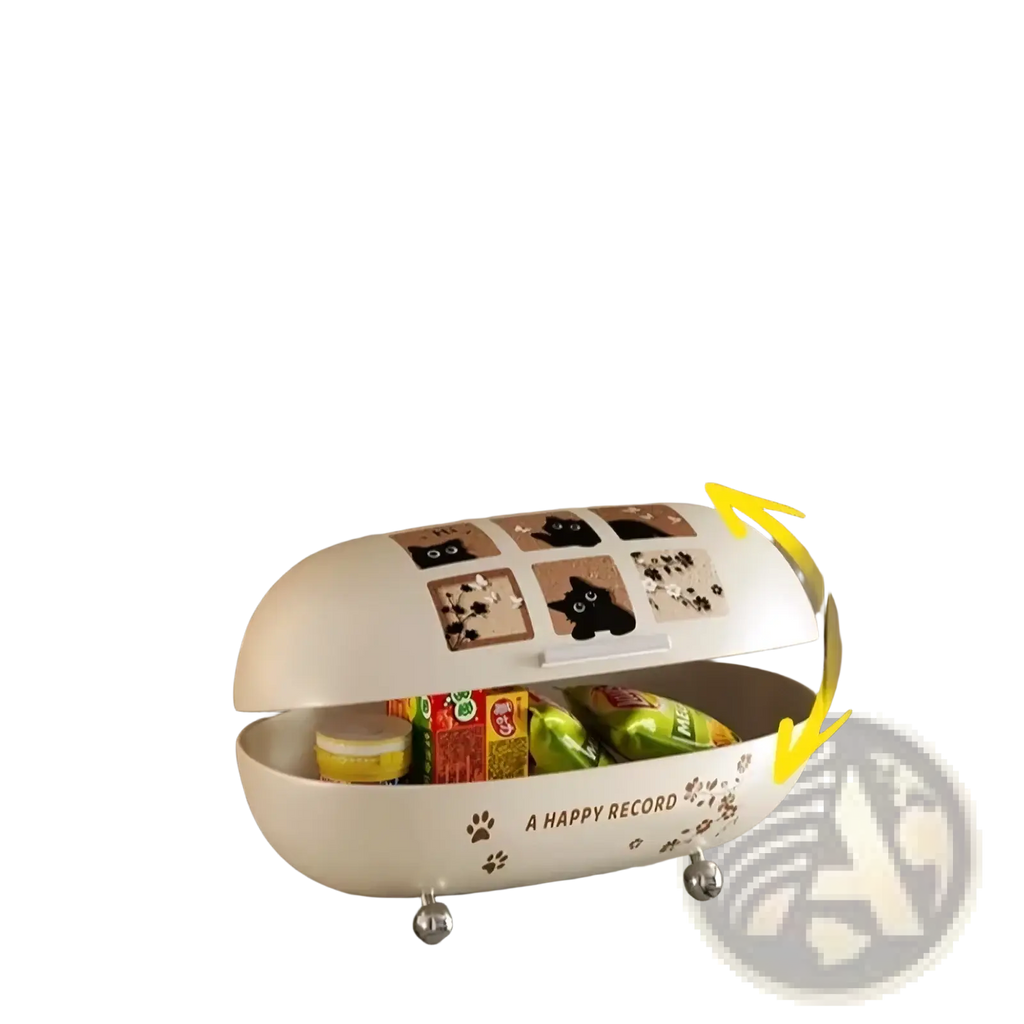 White metal oval snack storage box with hinged lid featuring black cat illustrations and the phrase a happy record