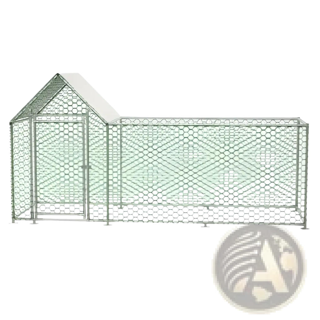 Silver galvanized metal chicken coop run with hexagonal mesh fencing and small roofed poultry habitat shelter