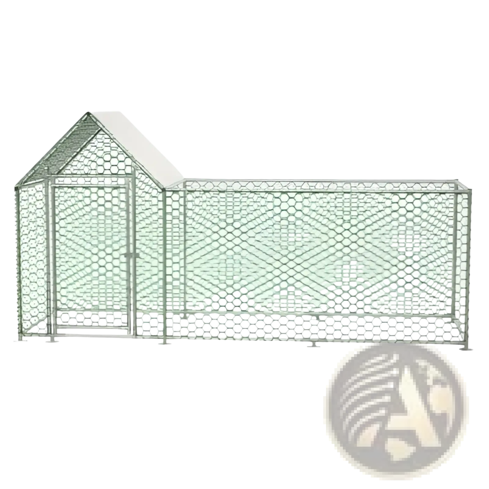 Silver galvanized metal chicken coop run with hexagonal mesh fencing and small roofed poultry habitat shelter