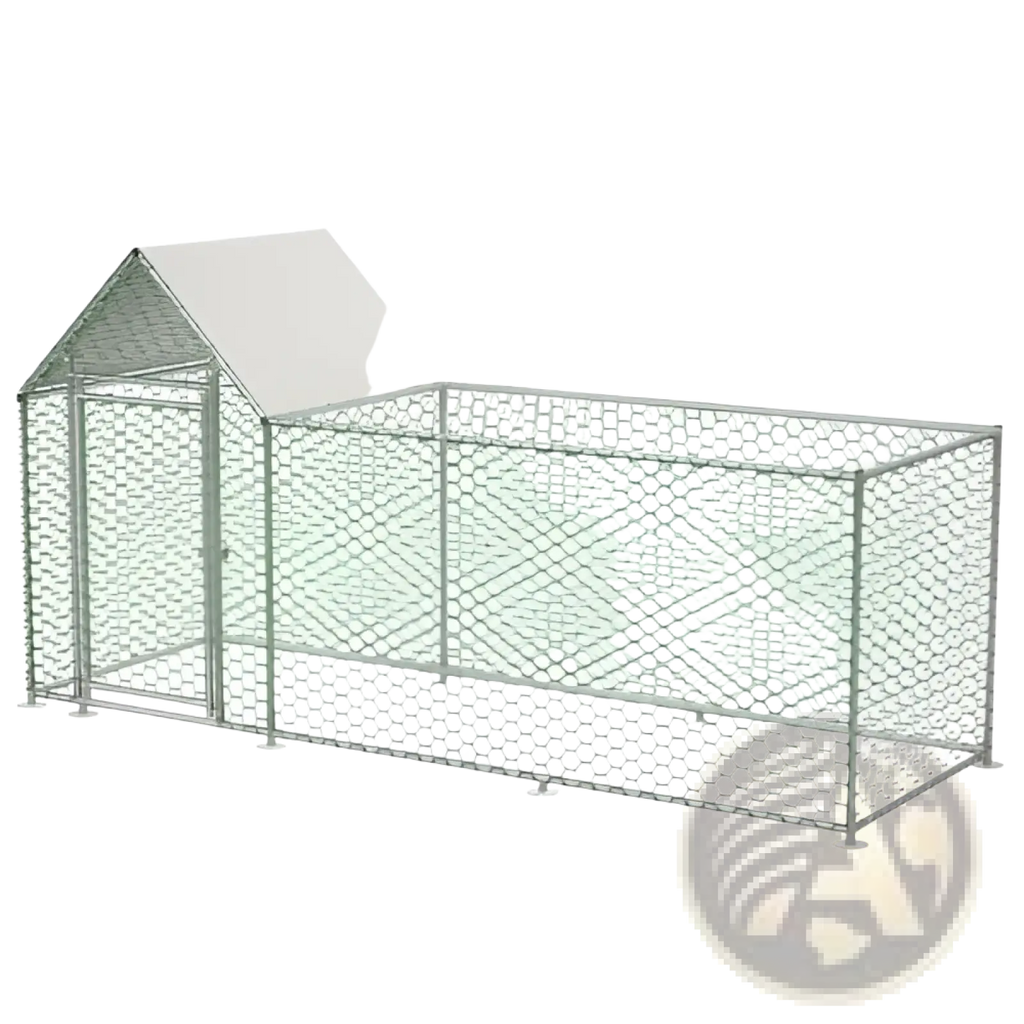 Silver galvanized metal chicken coop run with white roof and hexagonal wire mesh fencing for poultry habitat cage