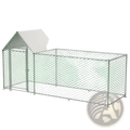 Silver galvanized metal chicken coop run with white roof and hexagonal wire mesh fencing for poultry habitat cage