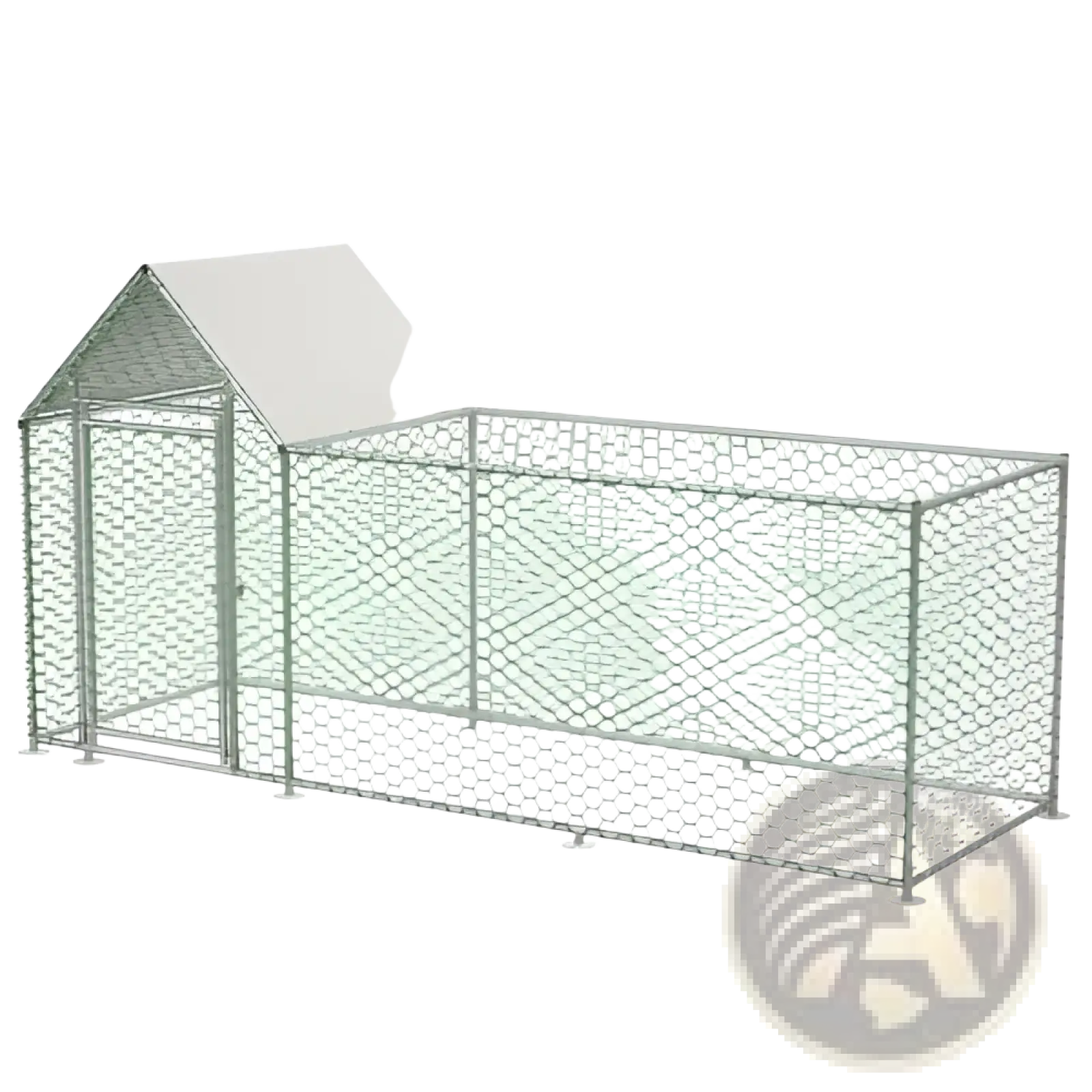 Silver galvanized metal chicken coop run with white roof and hexagonal wire mesh fencing for poultry habitat cage