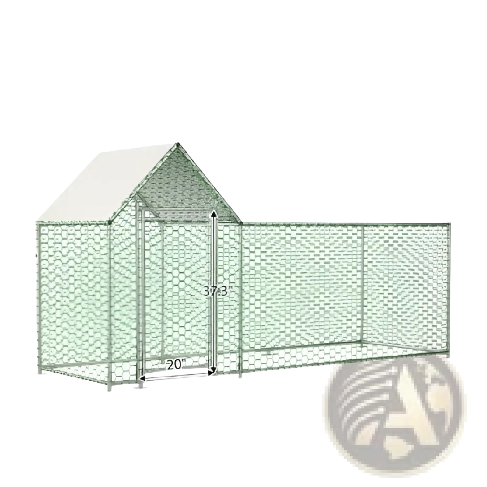 Green metal chicken coop run and poultry habitat cage with gabled roof and hexagonal mesh fencing visible