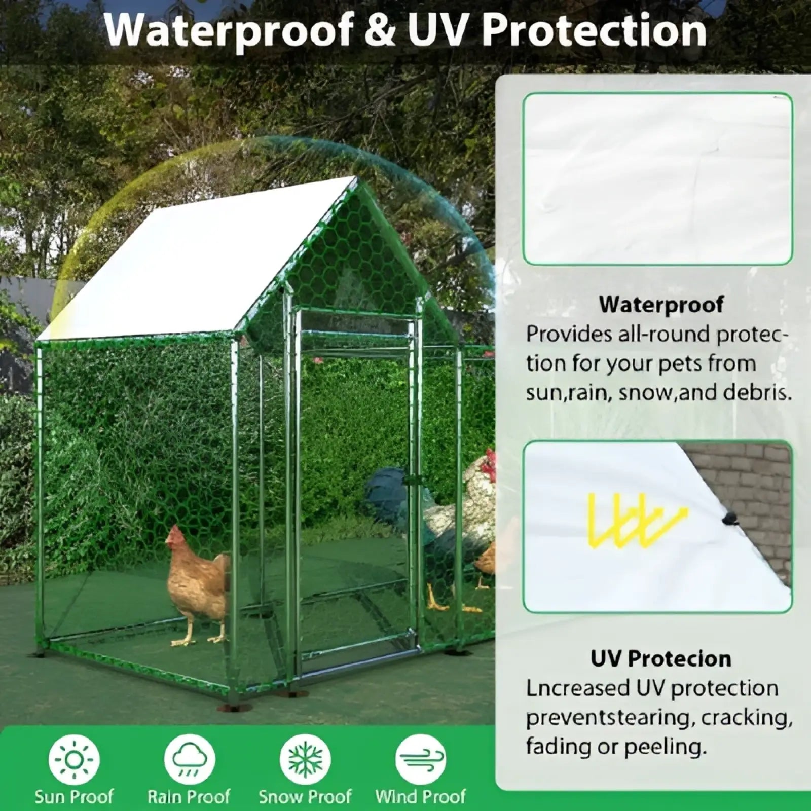 Green metal chicken coop run with white roof and mesh sides designed as a poultry habitat cage back view