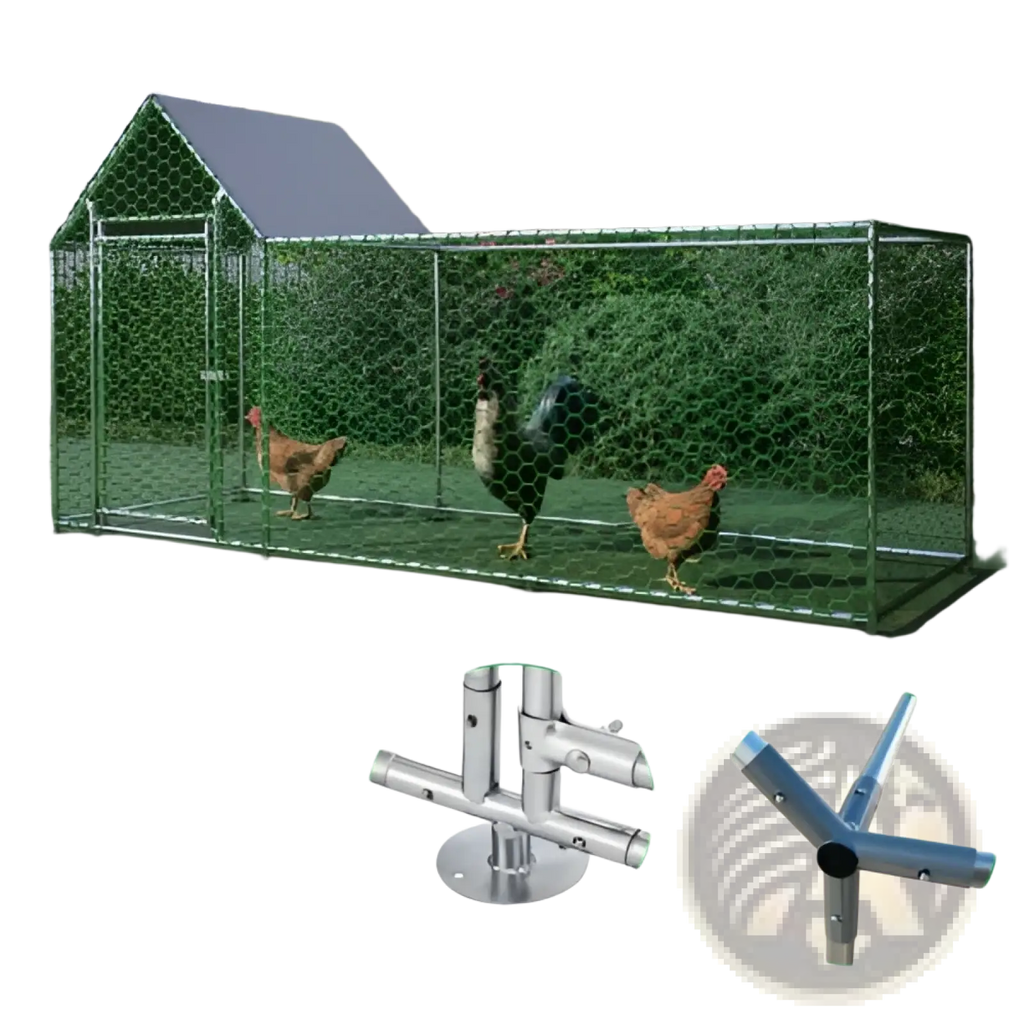 Green metal chicken coop run with hexagonal wire mesh and sturdy frame for poultry habitat housing
