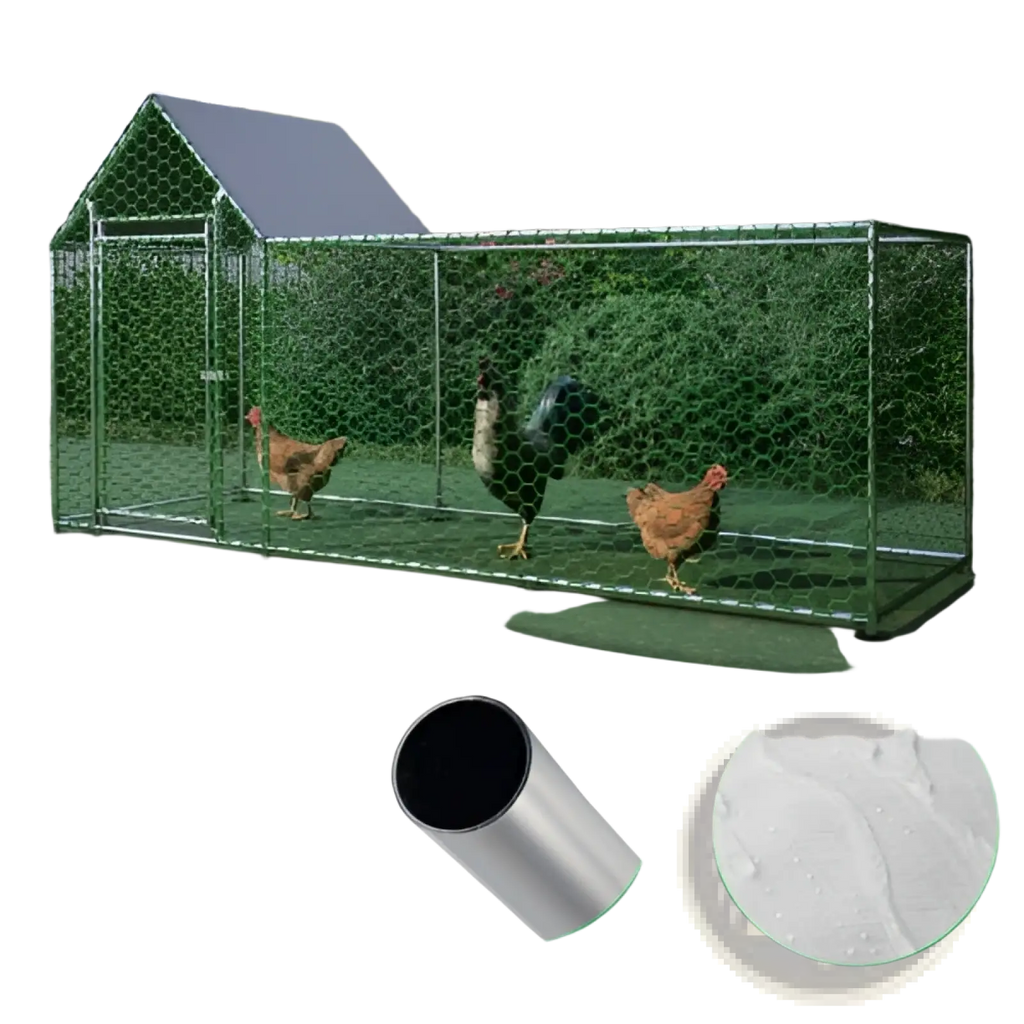 Green galvanized metal chicken coop run with hexagonal wire mesh panels and a gray roof for poultry habitat