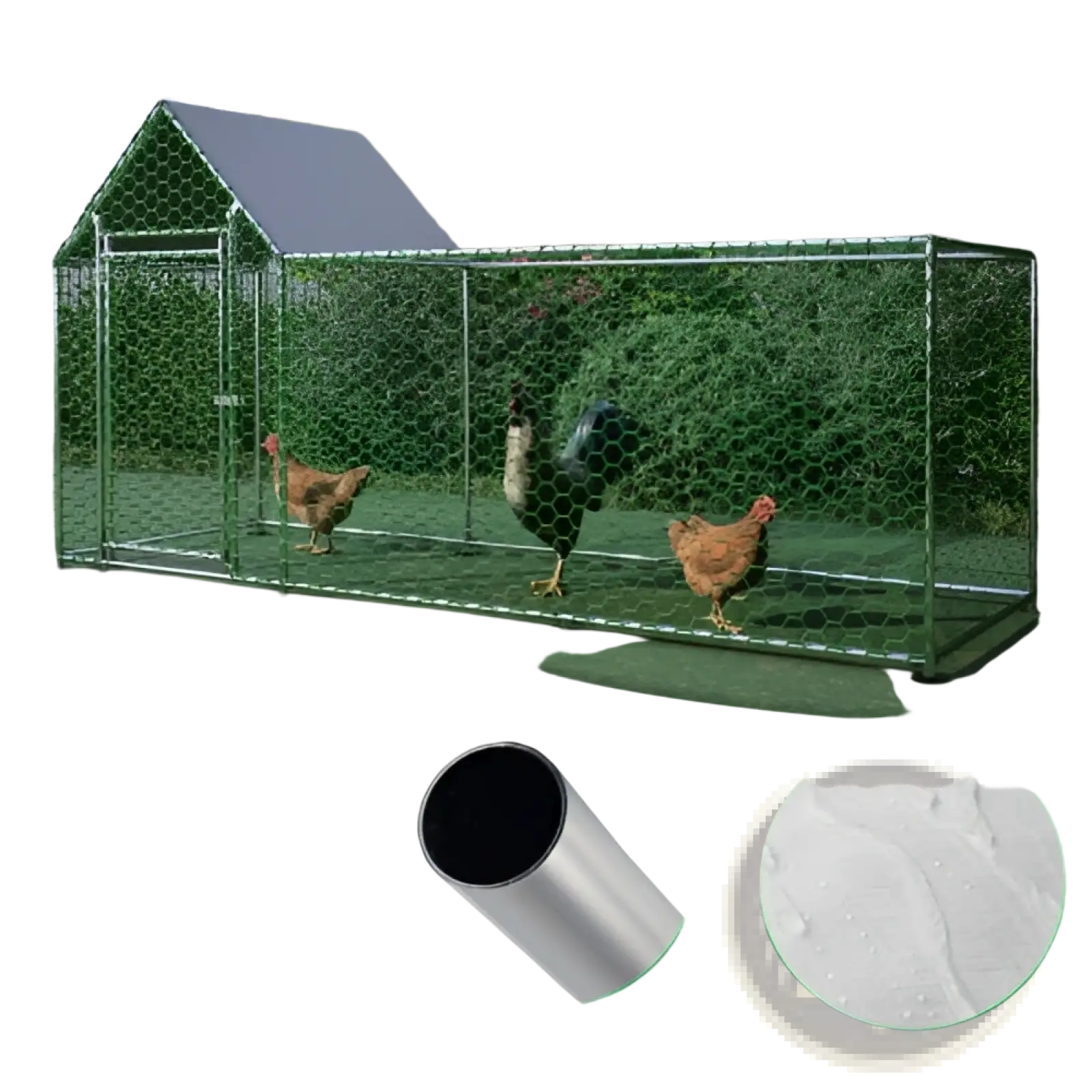 Green galvanized metal chicken coop run with hexagonal wire mesh panels and a gray roof for poultry habitat