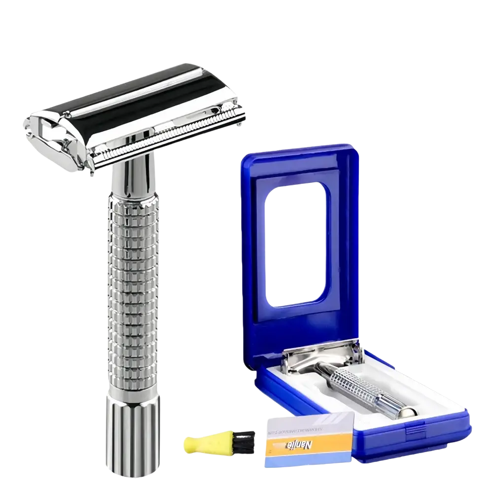 Metal chrome double-sided manual safety razor with textured grip handle in blue case with blades and cleaning brush