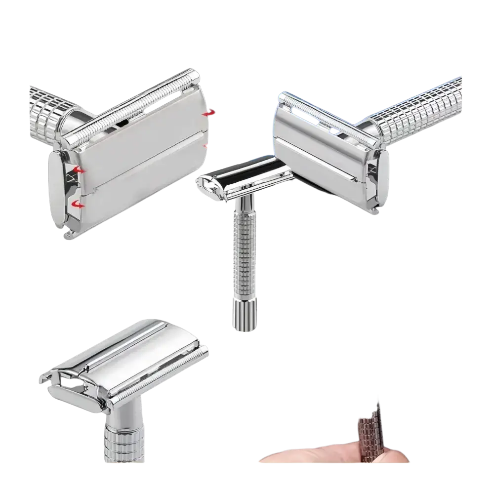 Metal chrome safety razor for men with shiny chrome finish, textured grip handle, and double-edged blade