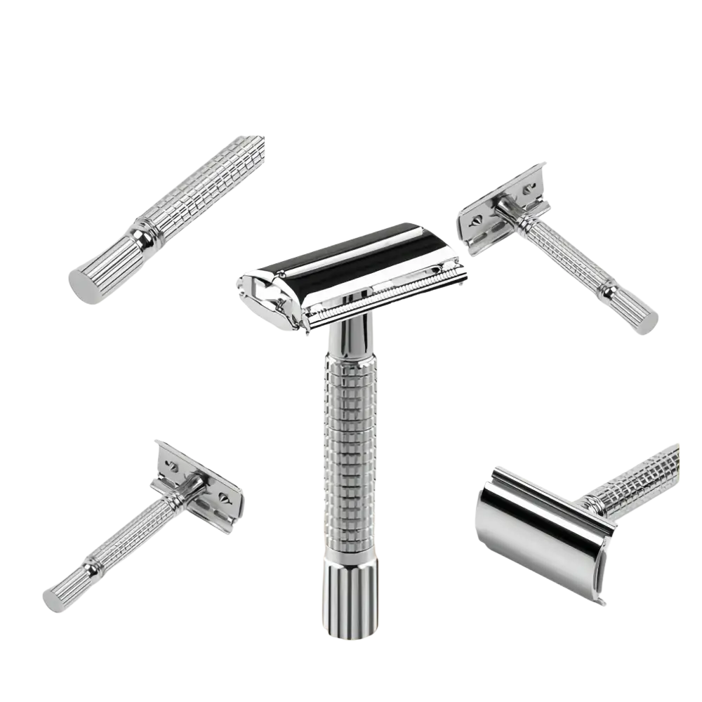 Metal chrome safety razor for men with shiny chrome finish and textured ribbed handle for secure grip