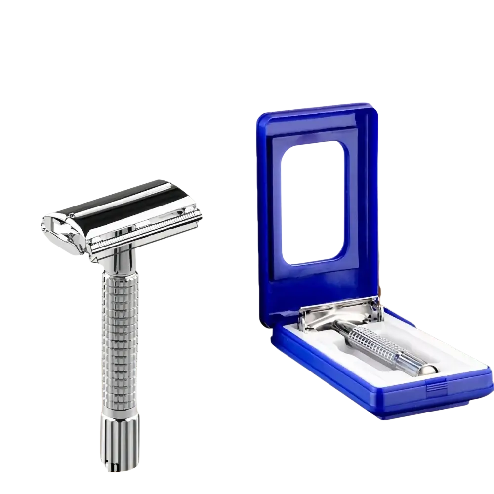 Metal chrome safety razor for men with silver textured grip handle in blue case with integrated mirror