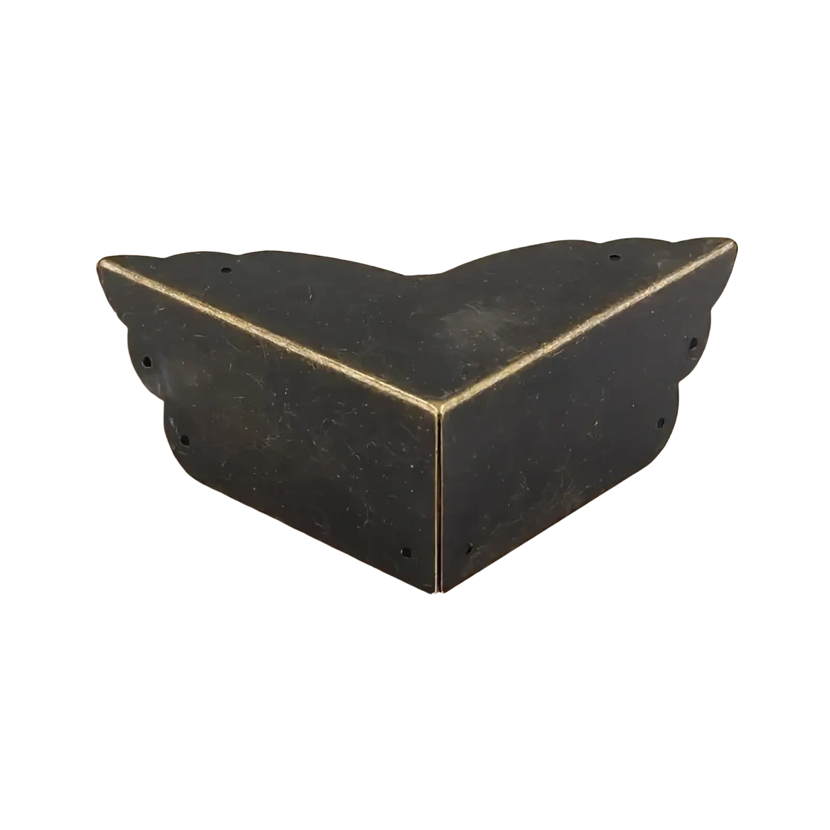Antique brass-finished metal corner protector with scalloped edges and four pre-drilled holes for furniture and tables