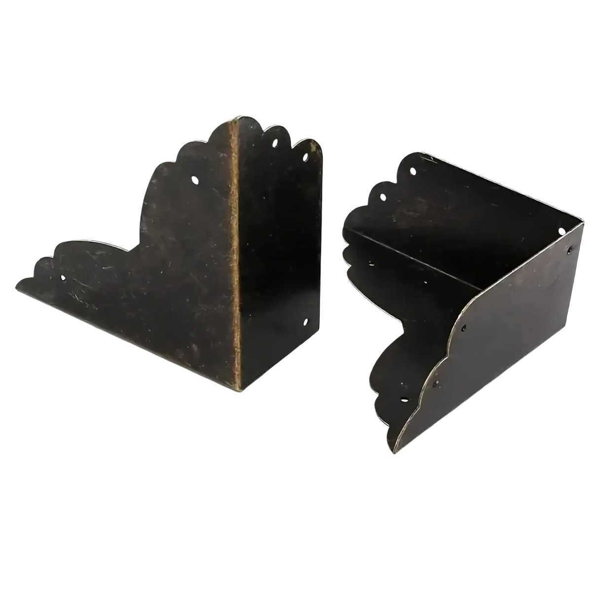Black metal corner protectors for furniture and tables with scalloped edge design shown from the back side