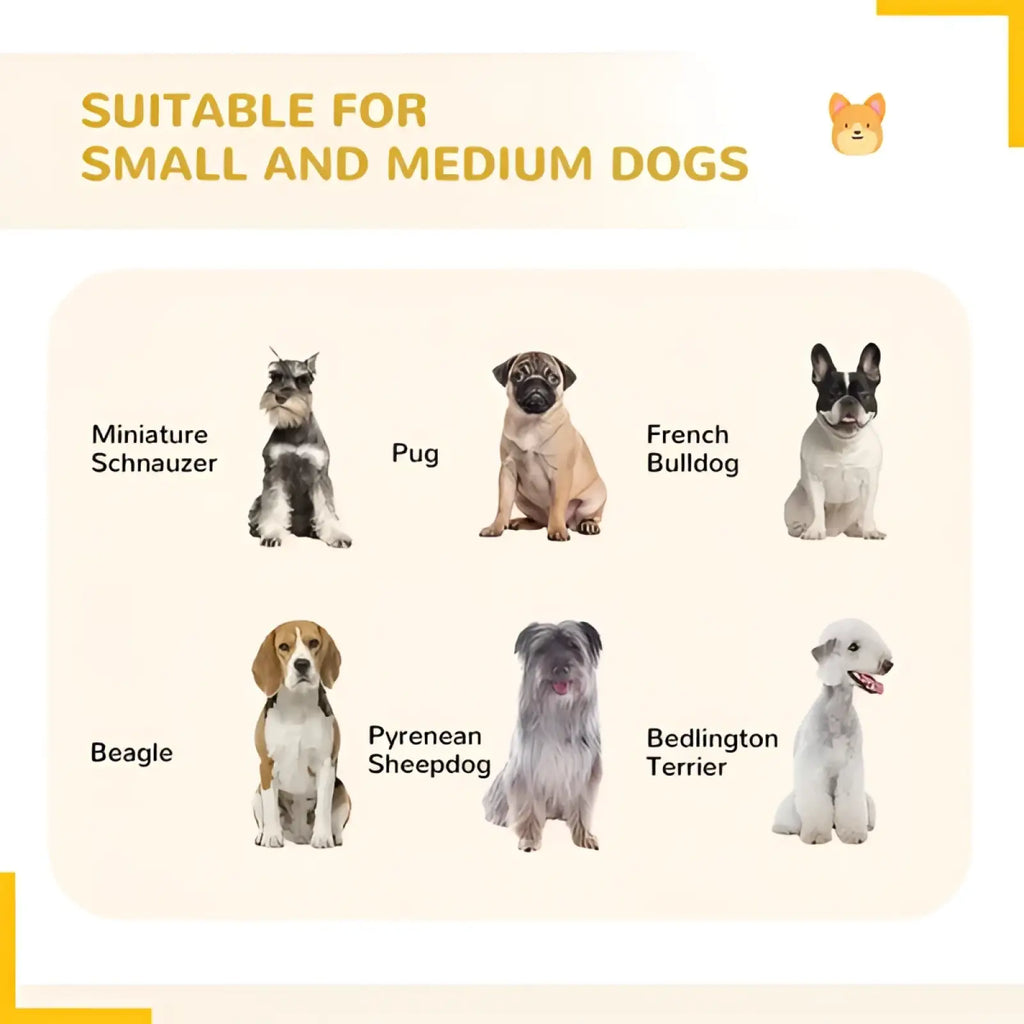 Metal dog playpen 24 panel outdoor enclosure in black metal with six dog breeds inside including miniature schnauzer and pug