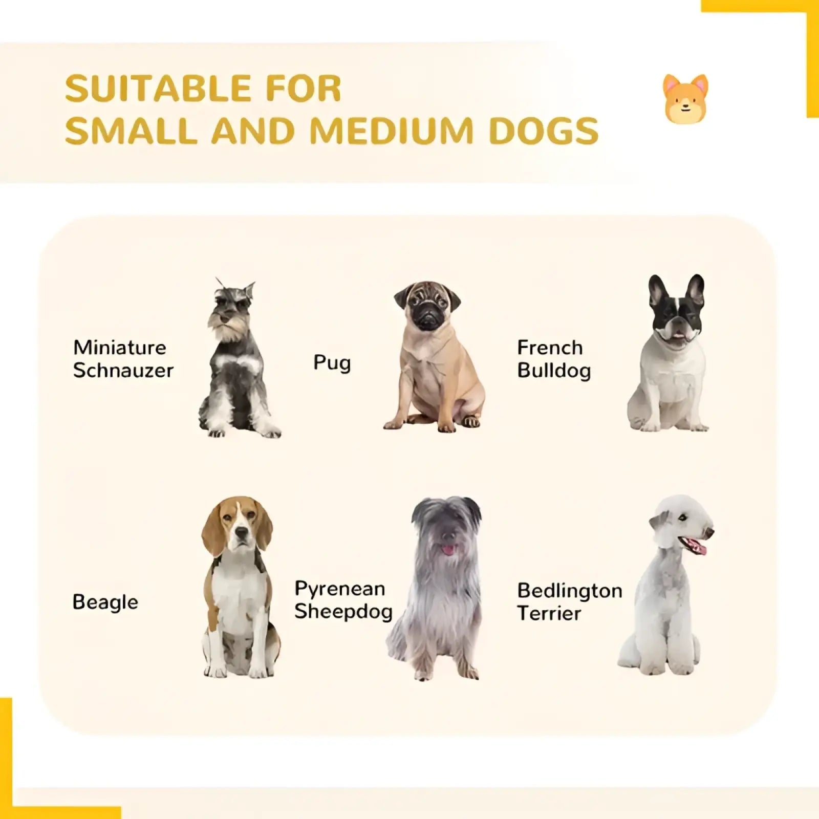 Metal dog playpen 24 panel outdoor enclosure in black metal with six dog breeds inside including miniature schnauzer and pug