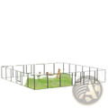 Black metal dog playpen with grid design and multiple panels set up on grassy lawn for outdoor enclosure use