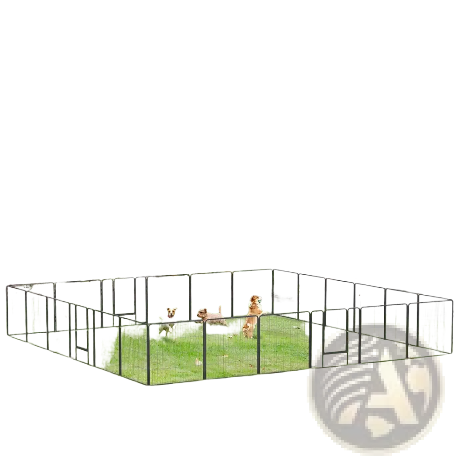 Black metal dog playpen with grid design and multiple panels set up on grassy lawn for outdoor enclosure use