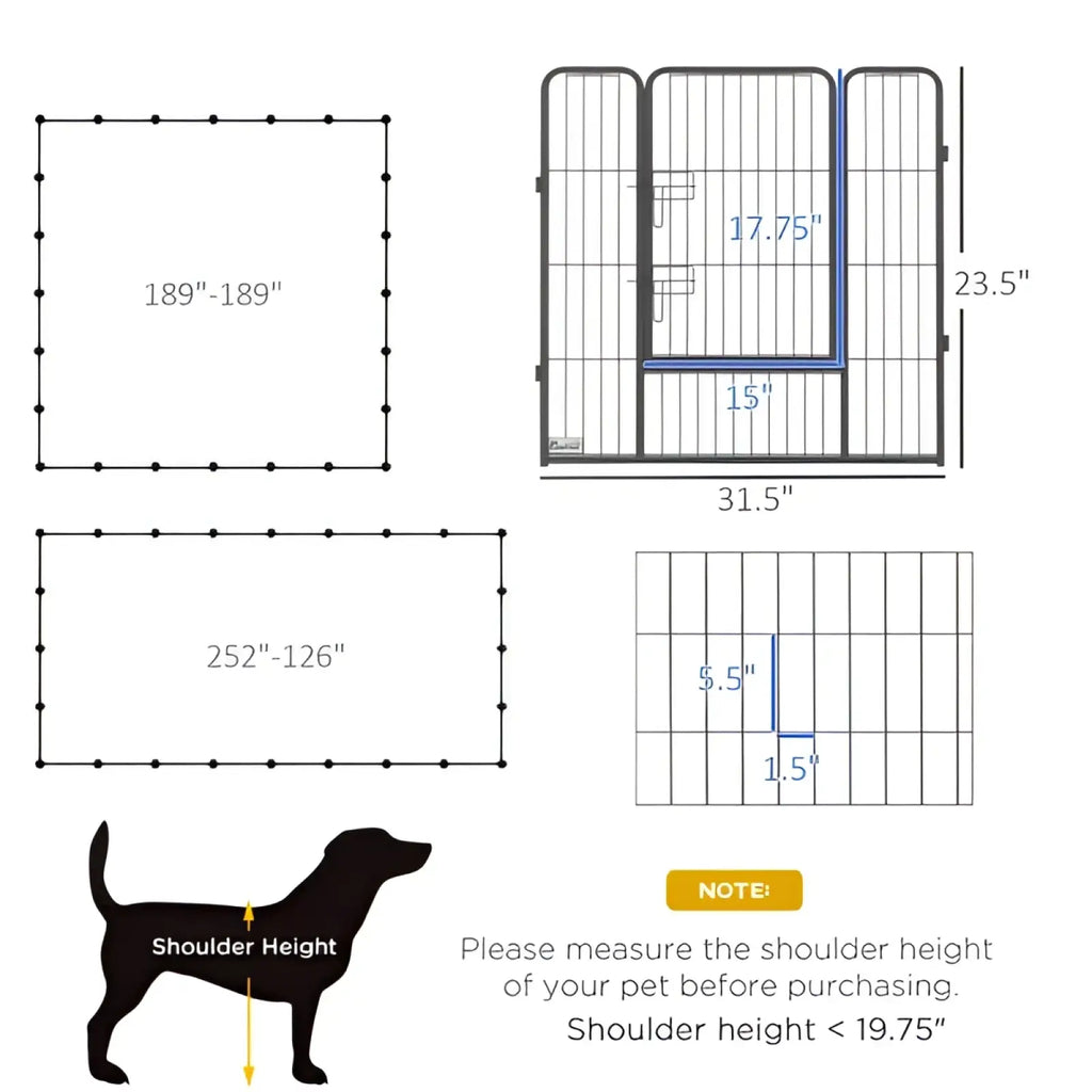 Black metal dog playpen with 24 foldable panels and measurement dimensions for outdoor enclosure use
