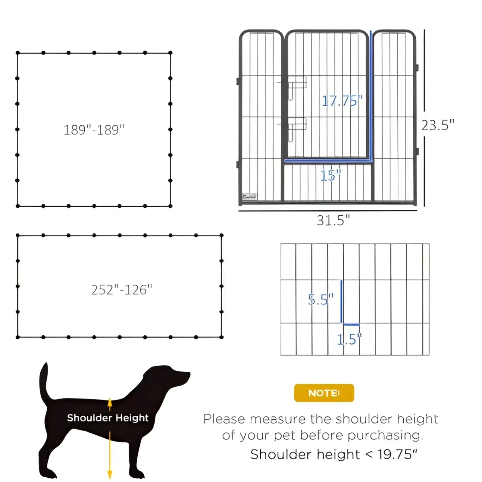 Black metal dog playpen with 24 foldable panels and measurement dimensions for outdoor enclosure use