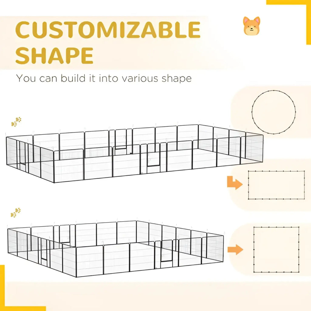 Black metal dog playpen with 24 interlocking panels and adjustable connectors for customizable outdoor enclosure shape