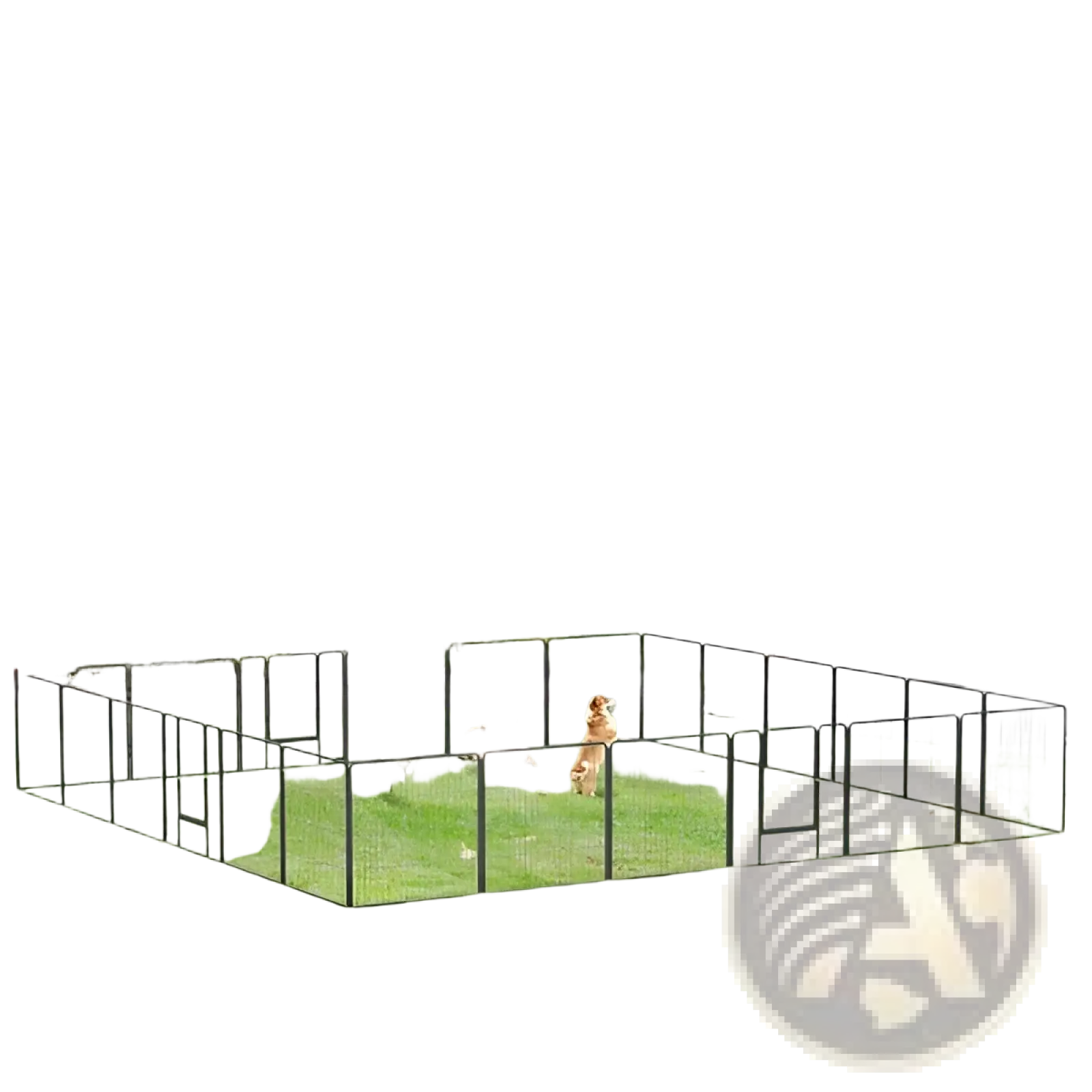 Black metal dog playpen with 24 rectangular grid panels forming an enclosed outdoor space for pets