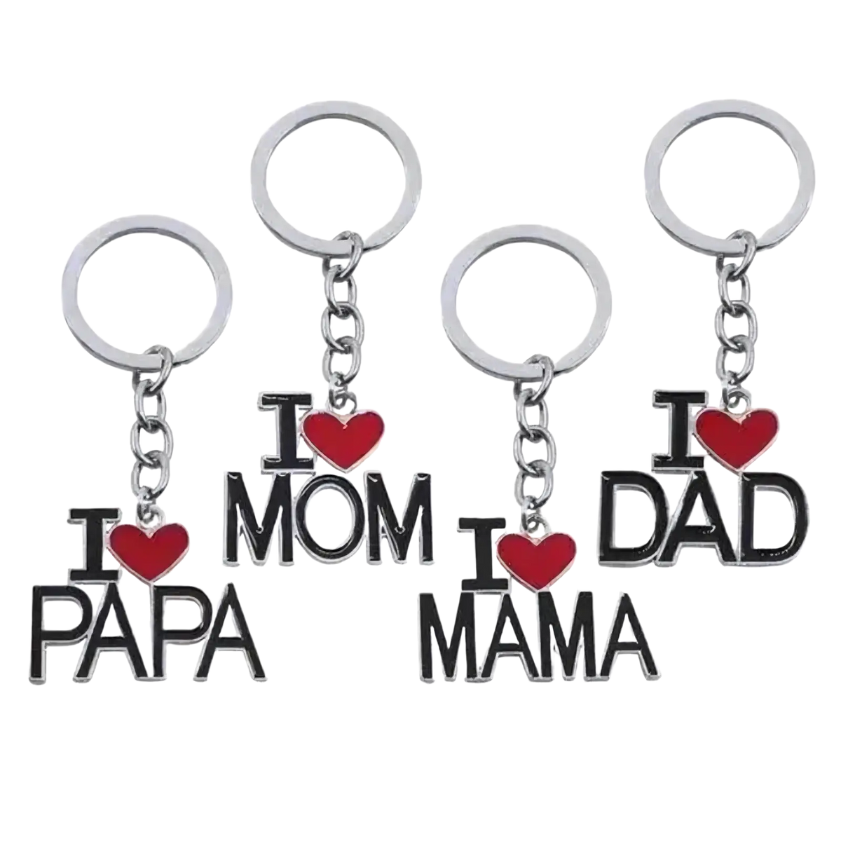 Set of four silver-toned metal family letter keychains with bold black lettering and red heart accents spelling i love mom dad papa mama