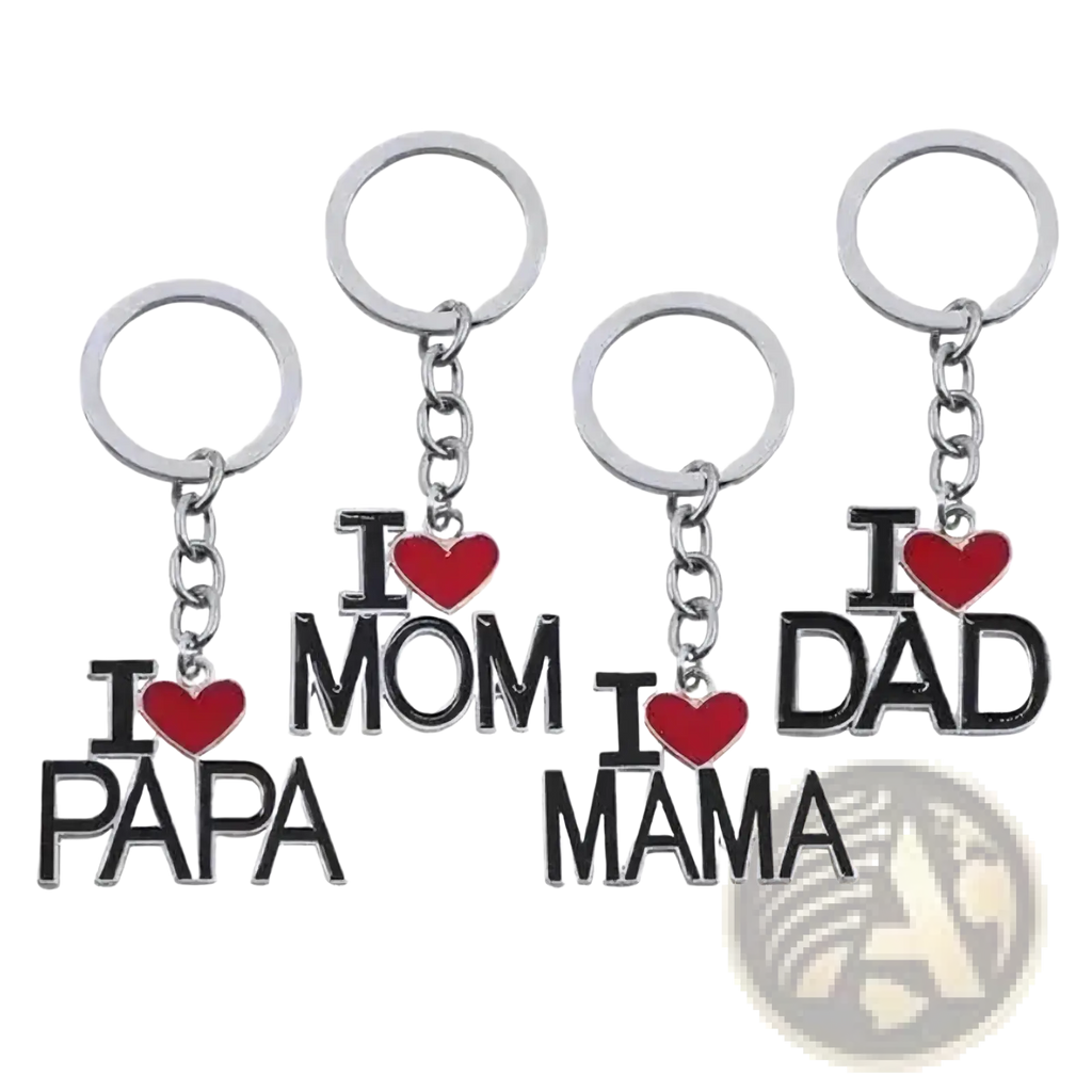 Set of four silver-toned metal family letter keychains with bold black lettering and red heart accents spelling i love mom dad papa mama
