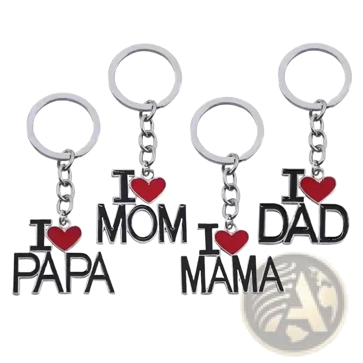 Set of four silver-toned metal family letter keychains with bold black lettering and red heart accents spelling i love mom dad papa mama