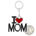 Silver and black enamel metal family letter keychain gift set with red heart charm featuring i heart mom phrase