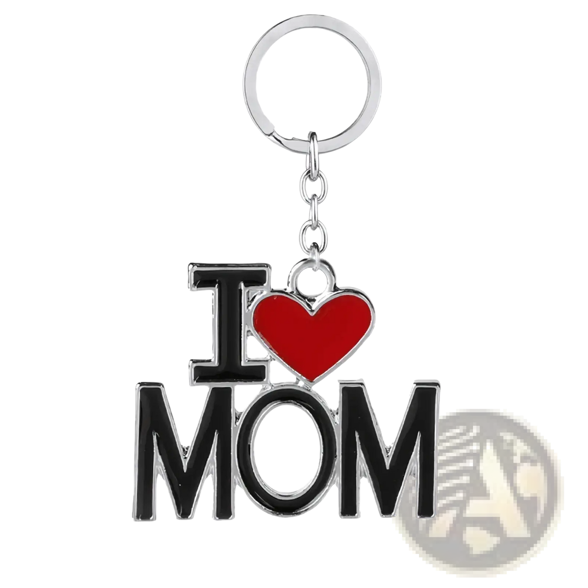 Silver and black enamel metal family letter keychain gift set with red heart charm featuring i heart mom phrase