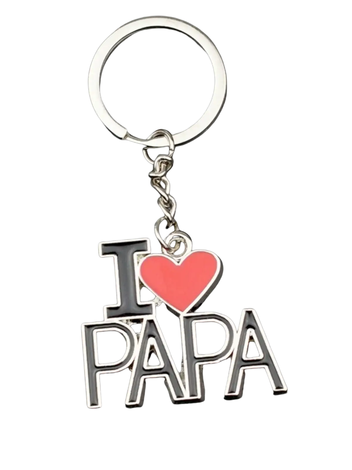 Silver metal family letter keychain with i heart papa charm featuring a red heart and black outlined letters