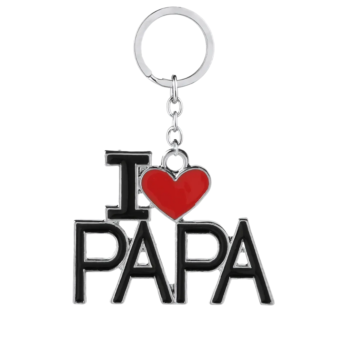 Silver metal family letter keychain gift set featuring black enamel letters and a red heart i love papa design charm