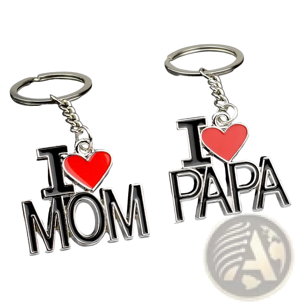 Metal family letter keychain gift set silver keychains with red enamel hearts and black outlined i love mom and i love papa lettering