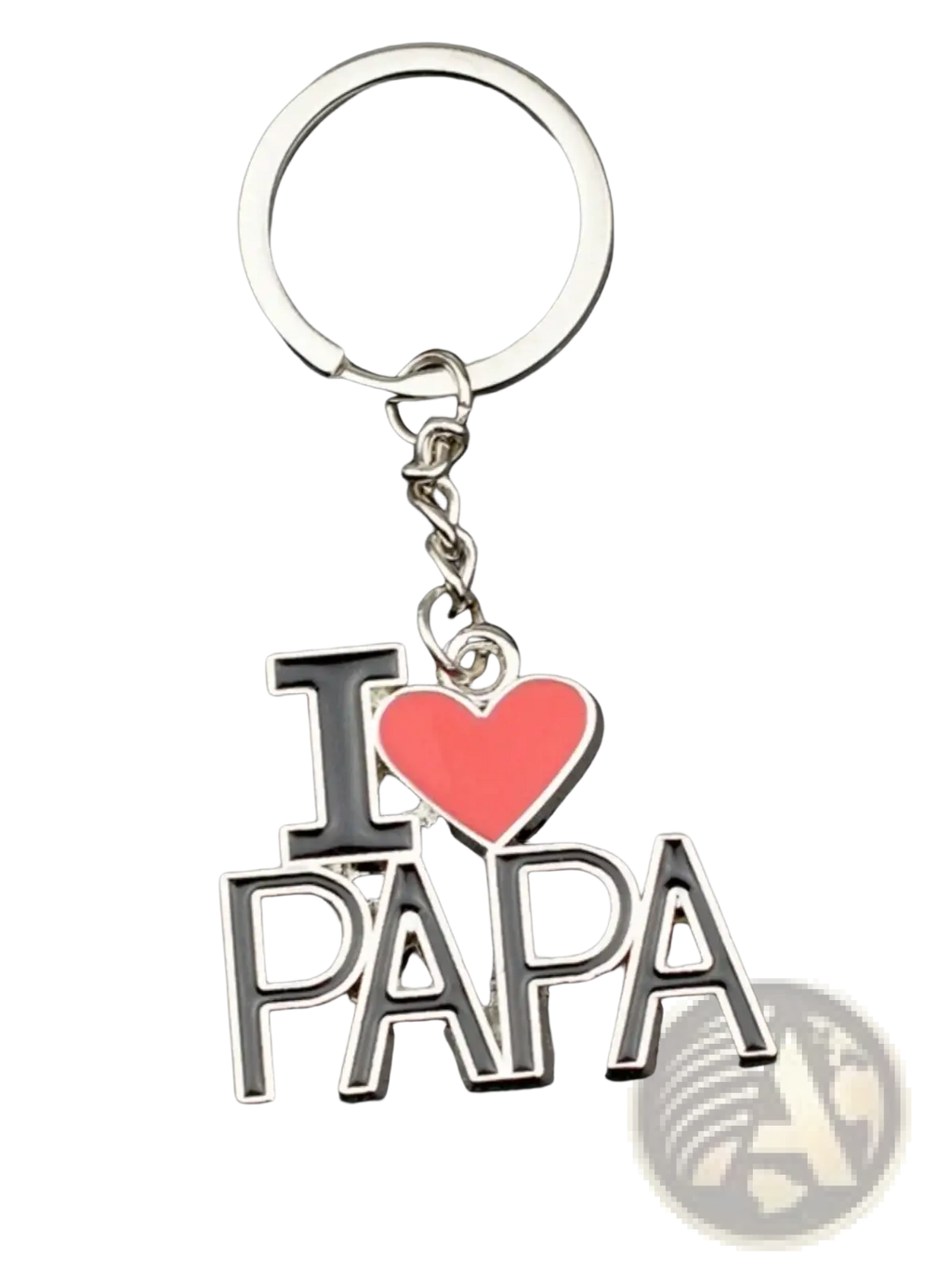 Silver metal family letter keychain with i heart papa charm featuring a red heart and black outlined letters