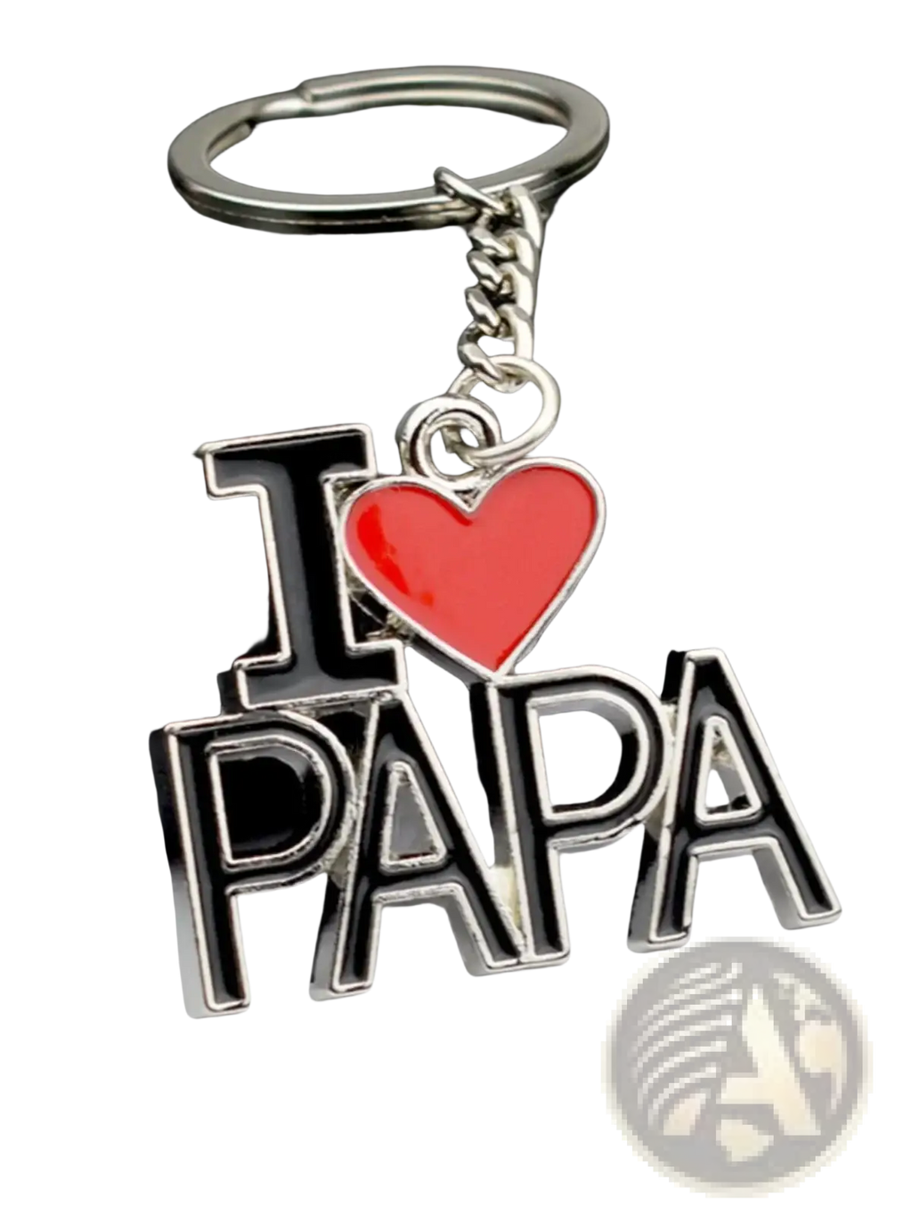 Silver metal family letter keychain with i heart papa design featuring red heart and black enamel lettering