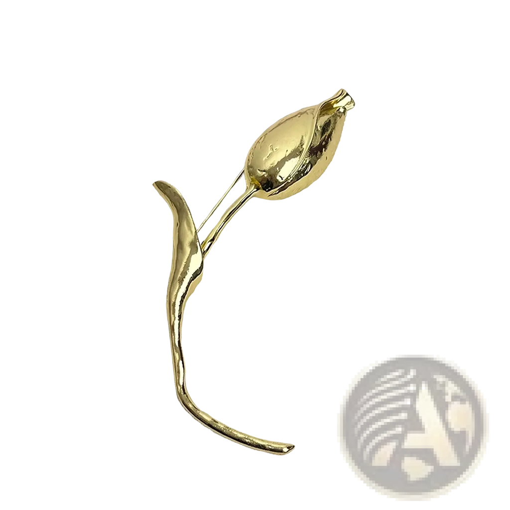 Gold-toned metal flower brooch pin with smooth flowing curves and textured surface elegant suit corsage accessory
