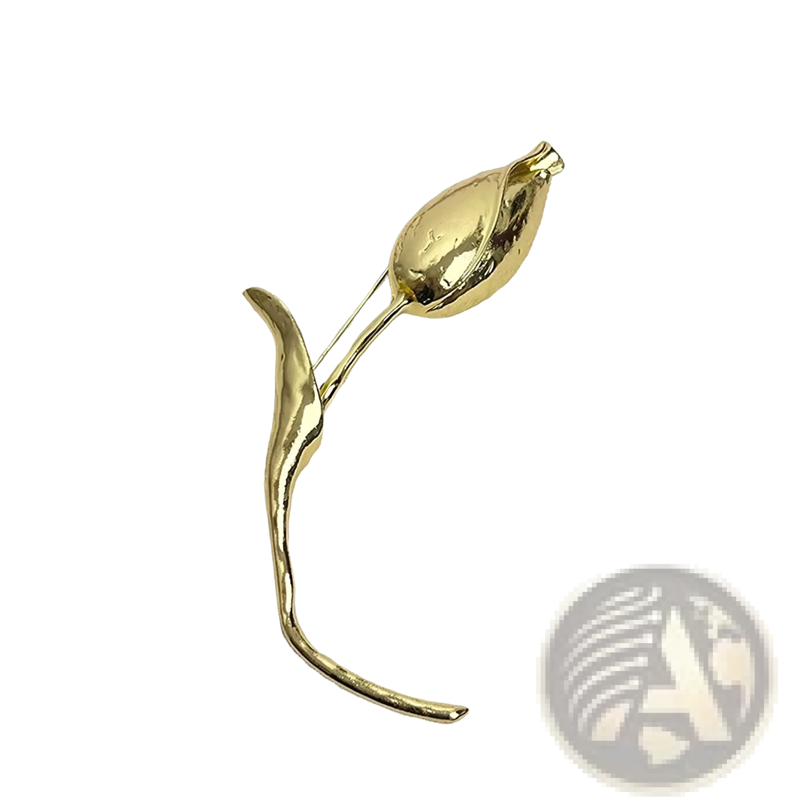 Gold-toned metal flower brooch pin with smooth flowing curves and textured surface elegant suit corsage accessory